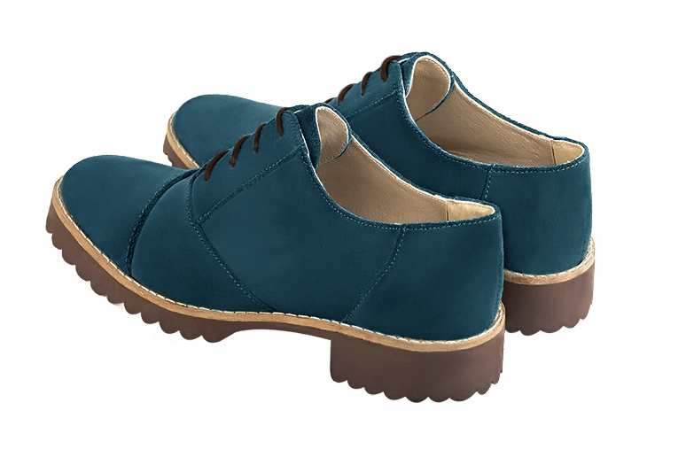 Peacock blue women's casual lace-up shoes. Round toe. Flat rubber soles. Rear view - Florence KOOIJMAN